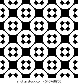 Vector monochrome seamless pattern, simple minimalist texture with crosses & circles, smooth black & white geometric figures. Abstract endless background. Design element for digital, decoration, print