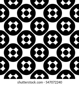 Vector monochrome seamless pattern, simple minimalist texture with crosses & circles, smooth black & white repeat geometric figures. Abstract endless background. Design for prints, textile, digital 