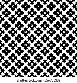 Vector monochrome seamless pattern, simple black & white repeat geometric texture, endless mosaic background, retro gothic style. Abstract ornamental backdrop. Design element for decor, print, web