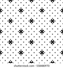 Vector monochrome seamless pattern, simple minimalist geometric background, small black cruciate figures on white backdrop. Repeat light abstract texture. Design for prints, decor, digital, textile