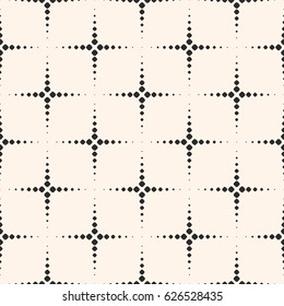 Vector monochrome seamless pattern, simple geometric texture with dotted shapes, flash, stippling, halftone crosses. Abstract repeat background. Funky design element for decor, prints, textile, fabric