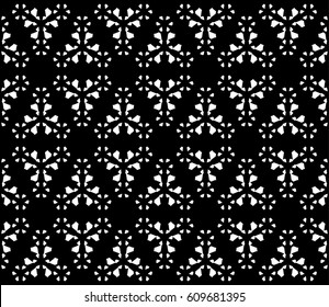 Vector monochrome seamless pattern, subtle geometric digital texture with thin floral figures, snowflakes. Abstract black & white background. Stylish dark design for decor, tileable print, fabric, web