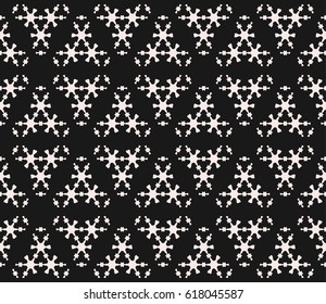 Vector monochrome seamless pattern, subtle geometric texture with thin figures, snowflakes, molecules. Abstract black & white background. Dark stylish design for decor, tileable print, textile, web