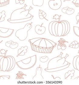 Vector monochrome seamless pattern with Thanksgiving elements and symbols - pumpkins, gourds, leaves, hazelnuts, turkeys, pies and chestnuts. Cartoon style. 