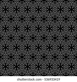 Vector monochrome seamless pattern, thin lines, geometric figures, black & white polygons, dark minimalist ornamental background. Simple abstract texture for prints, digital, decoration, textile, web