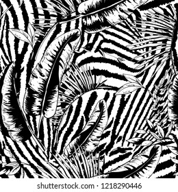 Vector monochrome seamless pattern of tropical leaves, Exotic natural vintage texture, greenery vibes. Botanical black&white illustration on zebra background