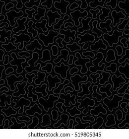 Vector monochrome seamless pattern, white thin curved lines on black backdrop. Subtle dark abstract repeat texture, simple modern endless background. Design element for prints, decoration, digital