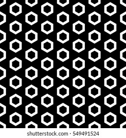 Vector monochrome seamless pattern, white outline hexagons on black background. Simple geometric texture for tileable print, stamping, decoration, digital, web, wallpaper, cover, textile, identity 