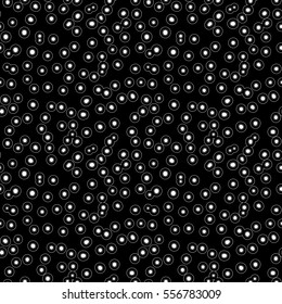 Vector monochrome seamless pattern, white dots & circles on black background. Stylish repeat texture. Abstract endless illustration of molecules, caviar, drops, spots. Design for prints, digital, web.
