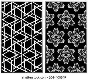 Vector monochrome seamless patterns set, abstract geometric texture. Ornament for interior design. Repeating abstract background with chaotic strokes.
