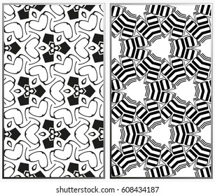 Vector monochrome seamless patterns set, abstract geometric texture. Ornament for interior design. Repeating abstract background with chaotic strokes.