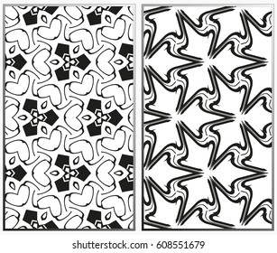 Vector monochrome seamless patterns set, abstract geometric texture. Ornament for interior design. Repeating abstract background with chaotic strokes.