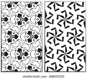 Vector monochrome seamless patterns set, abstract geometric texture. Ornament for interior design. Repeating abstract background with chaotic strokes.