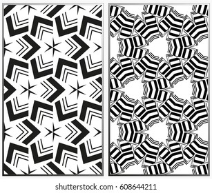 Vector monochrome seamless patterns set, abstract geometric texture. Ornament for interior design. Repeating abstract background with chaotic strokes.