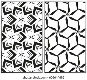 Vector monochrome seamless patterns set, abstract geometric texture. Ornament for interior design. Repeating abstract background with chaotic strokes.