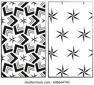 Vector monochrome seamless patterns set, abstract geometric texture. Ornament for interior design. Repeating abstract background with chaotic strokes.
