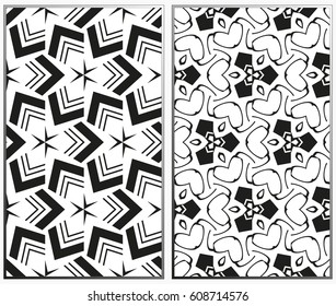 Vector monochrome seamless patterns set, abstract geometric texture. Ornament for interior design. Repeating abstract background with chaotic strokes.