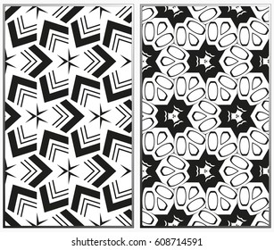 Vector monochrome seamless patterns set, abstract geometric texture. Ornament for interior design. Repeating abstract background with chaotic strokes.