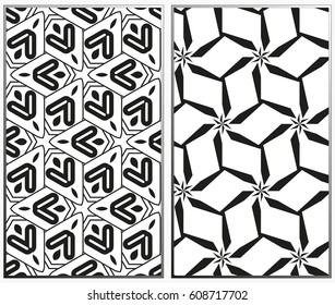 Vector monochrome seamless patterns set, abstract geometric texture. Ornament for interior design. Repeating abstract background with chaotic strokes.