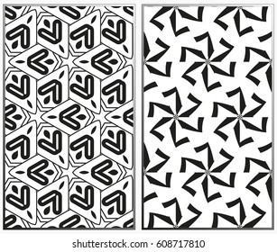 Vector monochrome seamless patterns set, abstract geometric texture. Ornament for interior design. Repeating abstract background with chaotic strokes.