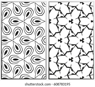 Vector monochrome seamless patterns set, abstract geometric texture. Ornament for interior design. Repeating abstract background with chaotic strokes.