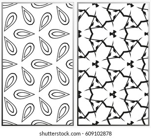 Vector monochrome seamless patterns set, abstract geometric texture. Ornament for interior design. Repeating abstract background with chaotic strokes.