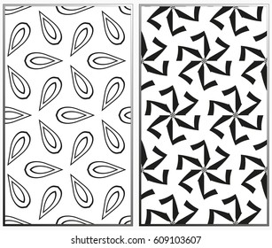 Vector monochrome seamless patterns set, abstract geometric texture. Ornament for interior design. Repeating abstract background with chaotic strokes.