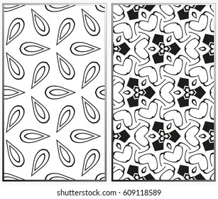 Vector monochrome seamless patterns set, abstract geometric texture. Ornament for interior design. Repeating abstract background with chaotic strokes.