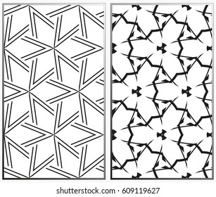 Vector monochrome seamless patterns set, abstract geometric texture. Ornament for interior design. Repeating abstract background with chaotic strokes.