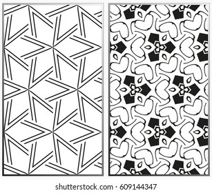 Vector monochrome seamless patterns set, abstract geometric texture. Ornament for interior design. Repeating abstract background with chaotic strokes.