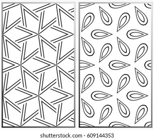 Vector monochrome seamless patterns set, abstract geometric texture. Ornament for interior design. Repeating abstract background with chaotic strokes.