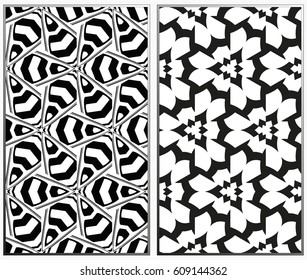 Vector monochrome seamless patterns set, abstract geometric texture. Ornament for interior design. Repeating abstract background with chaotic strokes.