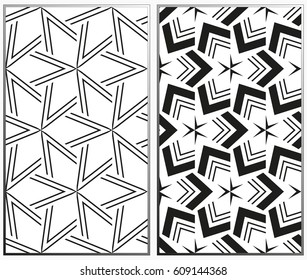 Vector monochrome seamless patterns set, abstract geometric texture. Ornament for interior design. Repeating abstract background with chaotic strokes.
