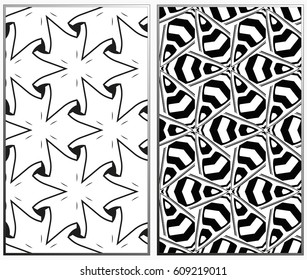 Vector monochrome seamless patterns set, abstract geometric texture. Ornament for interior design. Repeating abstract background with chaotic strokes.
