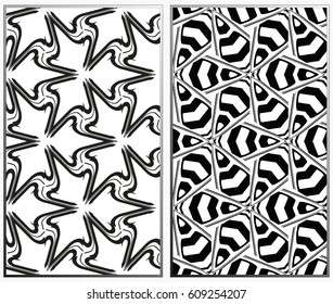 Vector monochrome seamless patterns set, abstract geometric texture. Ornament for interior design. Repeating abstract background with chaotic strokes.