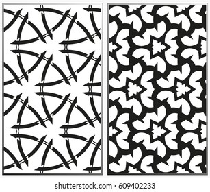 Vector monochrome seamless patterns set, abstract geometric texture. Ornament for interior design. Repeating abstract background with chaotic strokes.