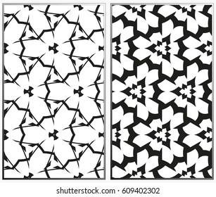 Vector monochrome seamless patterns set, abstract geometric texture. Ornament for interior design. Repeating abstract background with chaotic strokes.