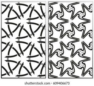 Vector monochrome seamless patterns set, abstract geometric texture. Ornament for interior design. Repeating abstract background with chaotic strokes.