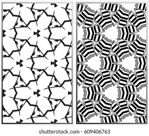 Vector monochrome seamless patterns set, abstract geometric texture. Ornament for interior design. Repeating abstract background with chaotic strokes.