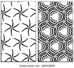 Vector monochrome seamless patterns set, abstract geometric texture. Ornament for interior design. Repeating abstract background with chaotic strokes.