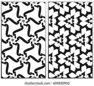 Vector monochrome seamless patterns set, abstract geometric texture. Ornament for interior design. Repeating abstract background with chaotic strokes.