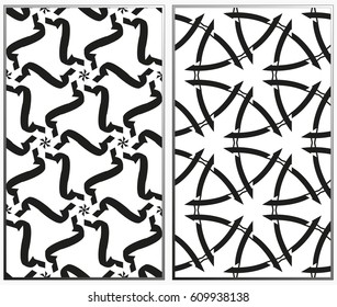 Vector monochrome seamless patterns set, abstract geometric texture. Ornament for interior design. Repeating abstract background with chaotic strokes.