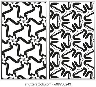Vector monochrome seamless patterns set, abstract geometric texture. Ornament for interior design. Repeating abstract background with chaotic strokes.