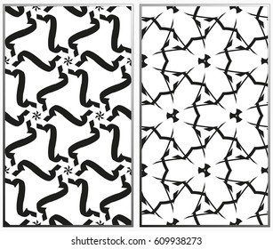 Vector monochrome seamless patterns set, abstract geometric texture. Ornament for interior design. Repeating abstract background with chaotic strokes.