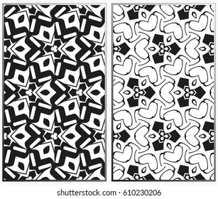 Vector monochrome seamless patterns set, abstract geometric texture. Ornament for interior design. Repeating abstract background with chaotic strokes.