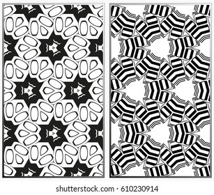 Vector monochrome seamless patterns set, abstract geometric texture. Ornament for interior design. Repeating abstract background with chaotic strokes.