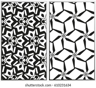 Vector monochrome seamless patterns set, abstract geometric texture. Ornament for interior design. Repeating abstract background with chaotic strokes.