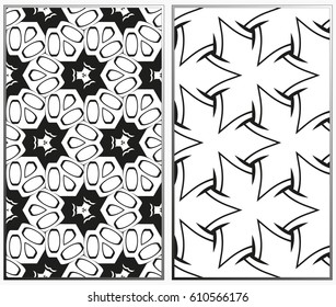 Vector monochrome seamless patterns set, abstract geometric texture. Ornament for interior design. Repeating abstract background with chaotic strokes.