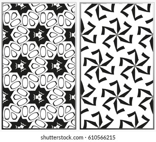 Vector monochrome seamless patterns set, abstract geometric texture. Ornament for interior design. Repeating abstract background with chaotic strokes.