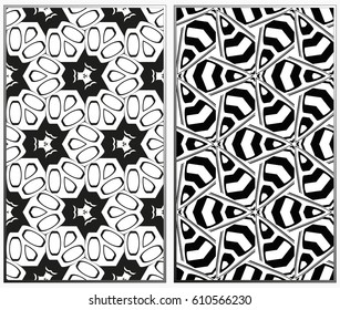 Vector monochrome seamless patterns set, abstract geometric texture. Ornament for interior design. Repeating abstract background with chaotic strokes.